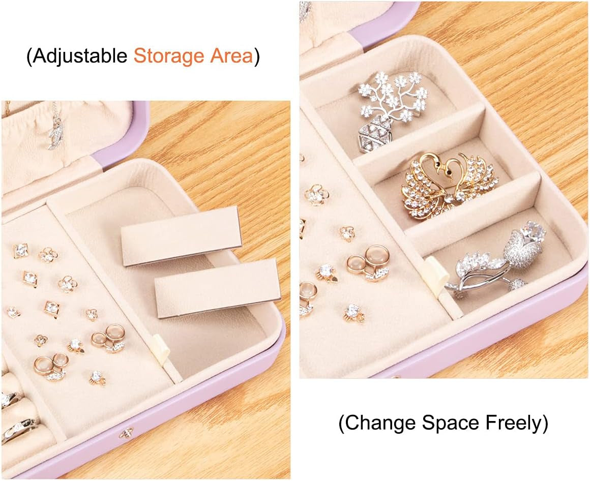 Small Jewelry Box for Women Girls, PU Leather Travel Jewelry Case, Portable Jewelry Organizer Storage Holder Display for Ring Earrings Necklace Bracelet Bangle Men Kids Gift, Lavender
