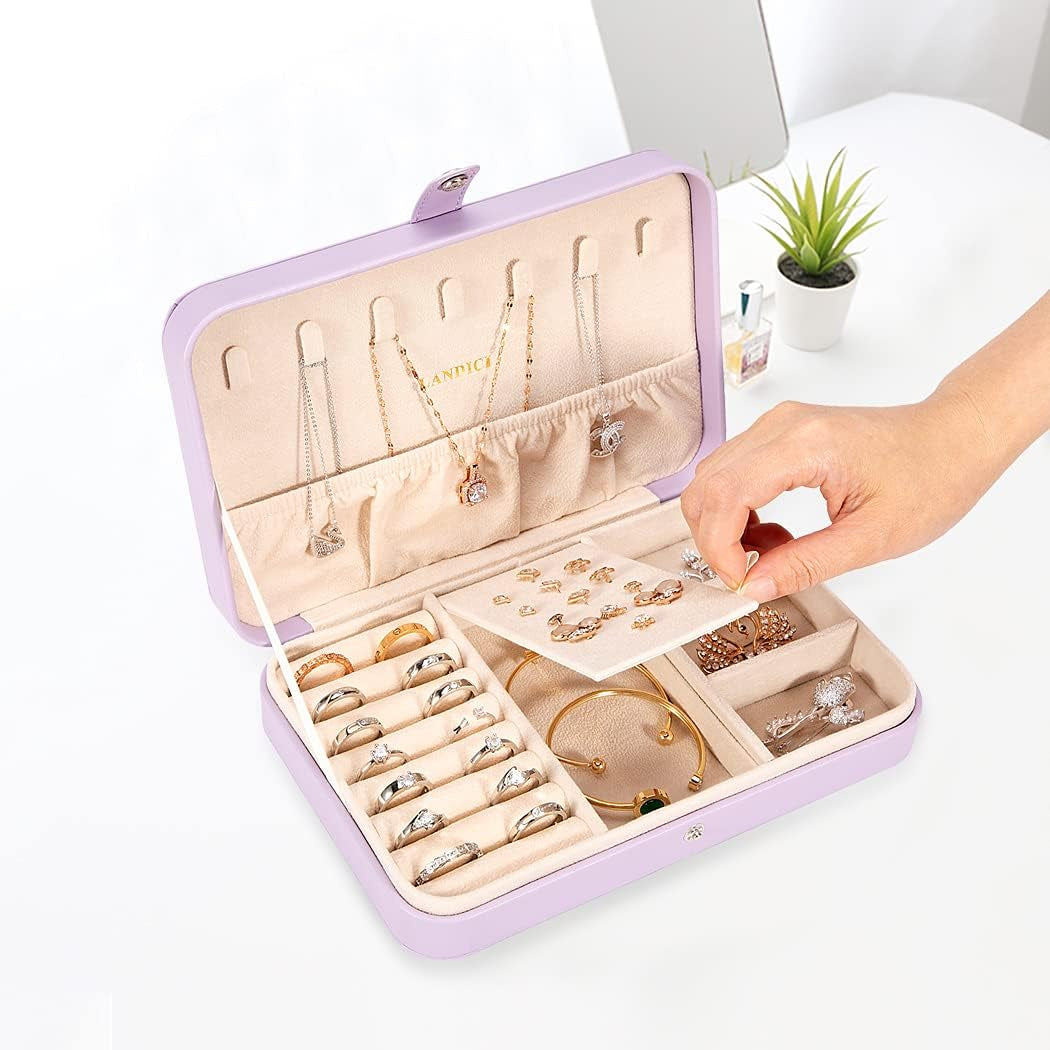 Small Jewelry Box for Women Girls, PU Leather Travel Jewelry Case, Portable Jewelry Organizer Storage Holder Display for Ring Earrings Necklace Bracelet Bangle Men Kids Gift, Lavender