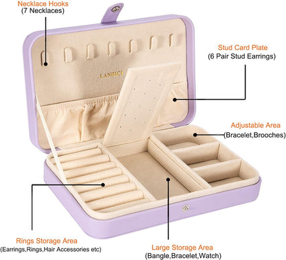 Small Jewelry Box for Women Girls, PU Leather Travel Jewelry Case, Portable Jewelry Organizer Storage Holder Display for Ring Earrings Necklace Bracelet Bangle Men Kids Gift, Lavender