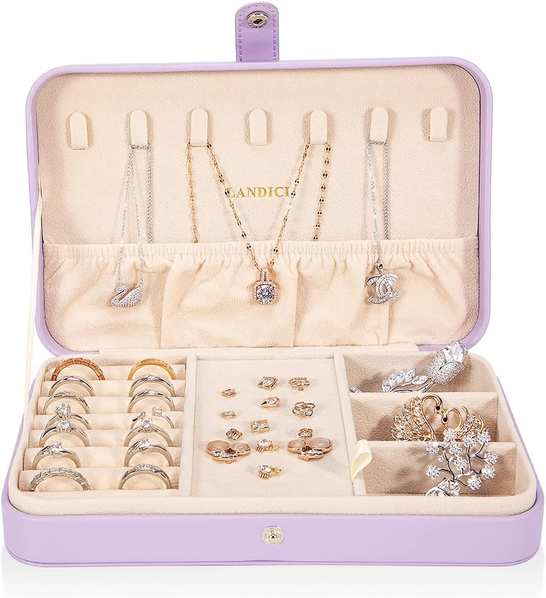 Small Jewelry Box for Women Girls, PU Leather Travel Jewelry Case, Portable Jewelry Organizer Storage Holder Display for Ring Earrings Necklace Bracelet Bangle Men Kids Gift, Lavender