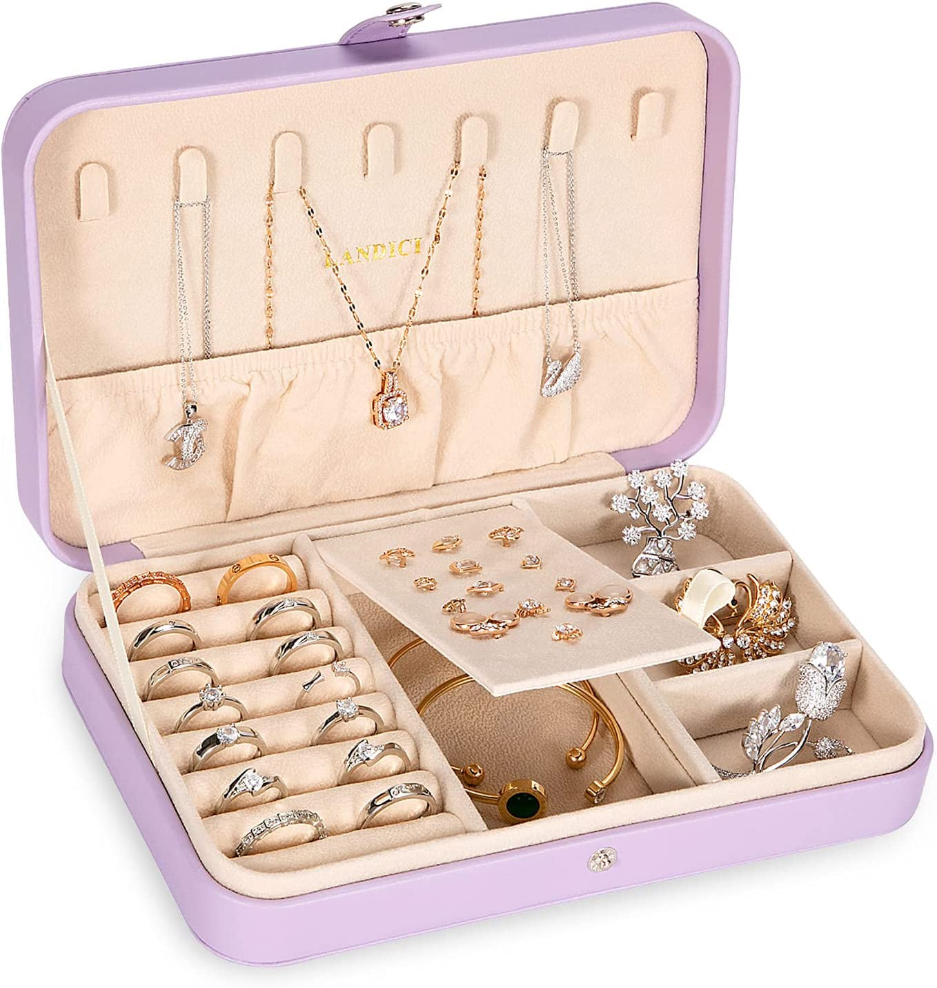 Small Jewelry Box for Women Girls, PU Leather Travel Jewelry Case, Portable Jewelry Organizer Storage Holder Display for Ring Earrings Necklace Bracelet Bangle Men Kids Gift, Lavender