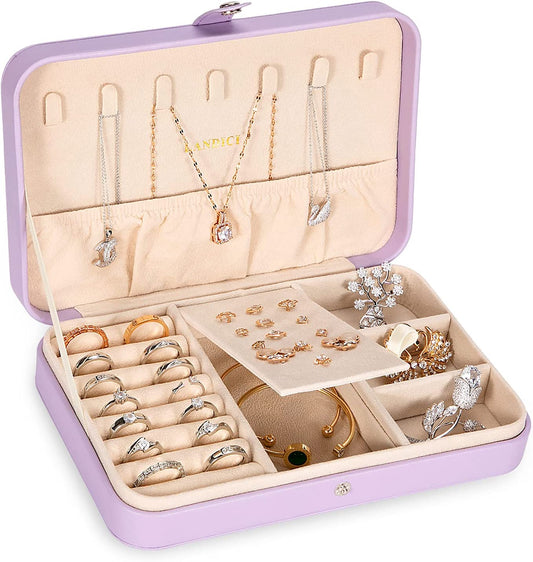 Small Jewelry Box for Women Girls, PU Leather Travel Jewelry Case, Portable Jewelry Organizer Storage Holder Display for Ring Earrings Necklace Bracelet Bangle Men Kids Gift, Lavender